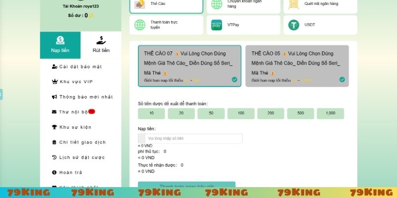 Nạp tiền 79King bằng thẻ cào